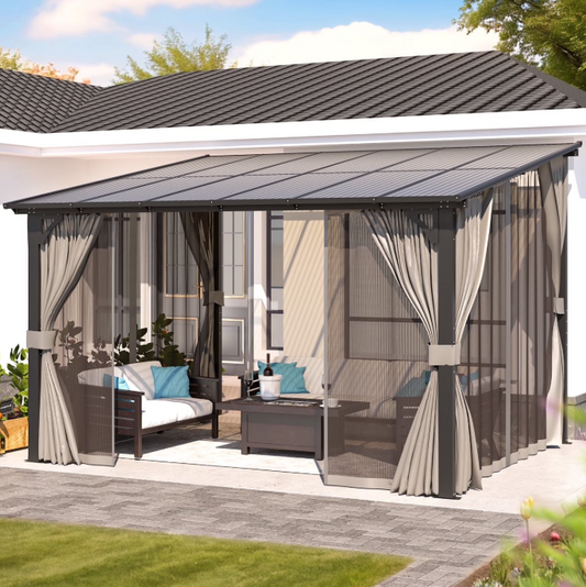 YODOLLA 12' x 10' Hardtop Gazebo Outdoor Wall-Mounted Lean to Gazebo with Netting and Curtain Aluminum Metal Pergola For Garden, Patio, Backyard-Dark Gray