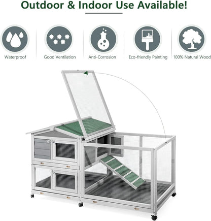 AECOJOY 61.5" Outdoor Wooden Rabbit Hutch, Two-Story Bunny Cage with Wheels, No-Leak Tray and Anti-Slip Ramp