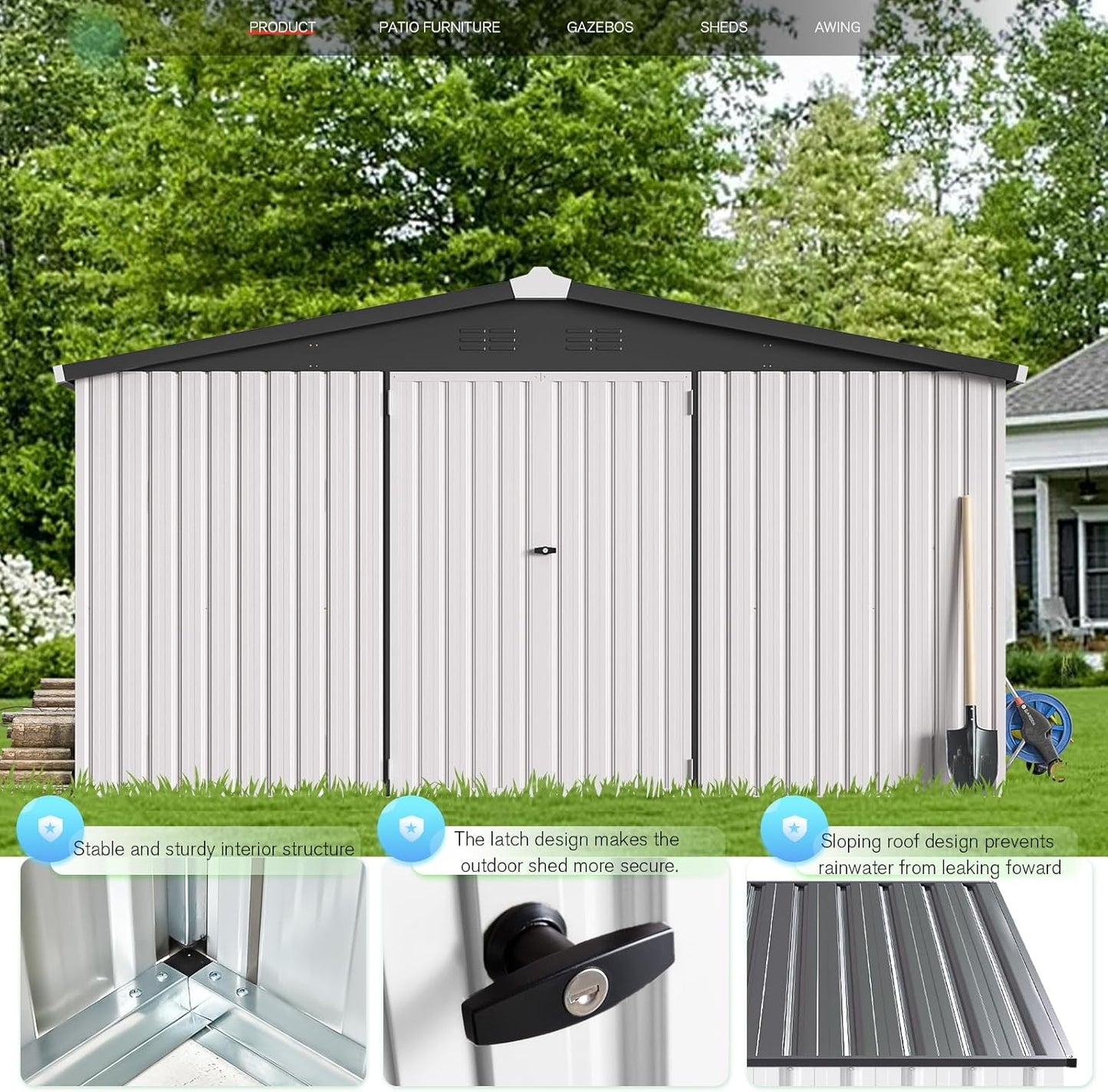 YODOLLA 12 x 12 ft. Outdoor Metal Storage Shed with Sliding Roof & Lockable Door in White for Patio, Garden& Backyard