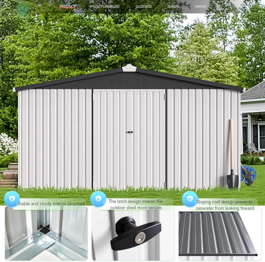 YODOLLA 12 x 12 ft. Outdoor Metal Storage Shed with Sliding Roof & Lockable Door in White for Patio, Garden& Backyard