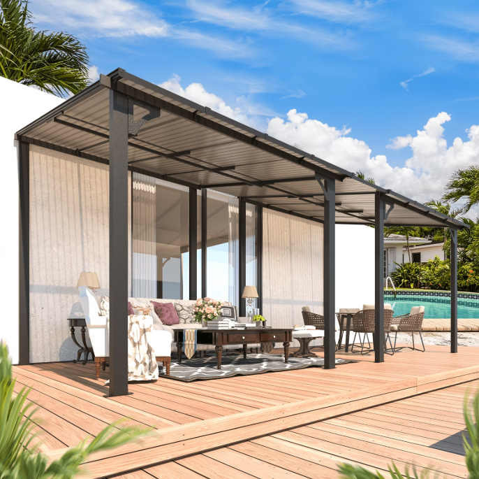 YODOLLA 8' x16' Hardtop Gazebo Outdoor Wall-Mounted Aluminum Pergola for Garden, Patio, Backyard-Gray
