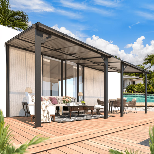 YODOLLA 8' x16' Hardtop Gazebo Outdoor Wall-Mounted Aluminum Pergola for Garden, Patio, Backyard-Gray