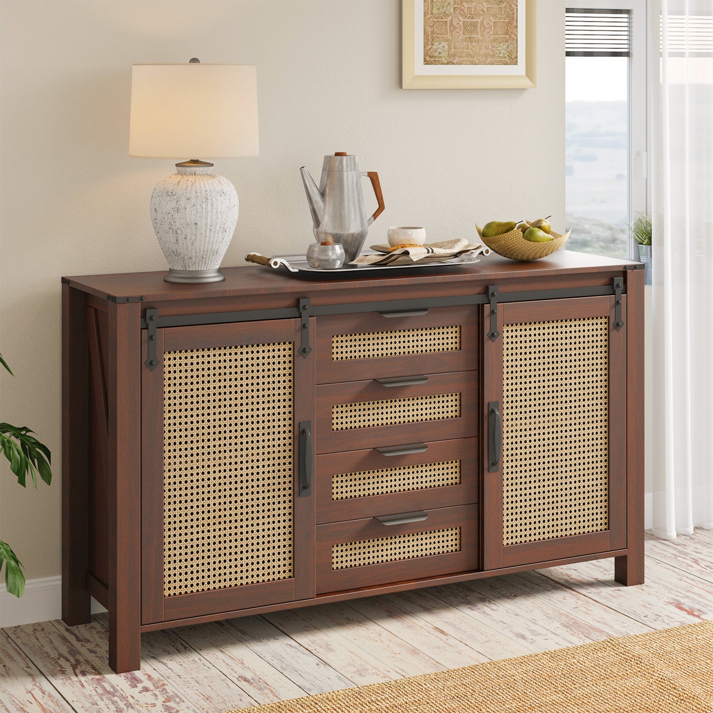 YODOLLA 55" Storage Cabinet with Storage, Modern TV Sideboard Buffet Accent Cabinet for Living Room in Brown