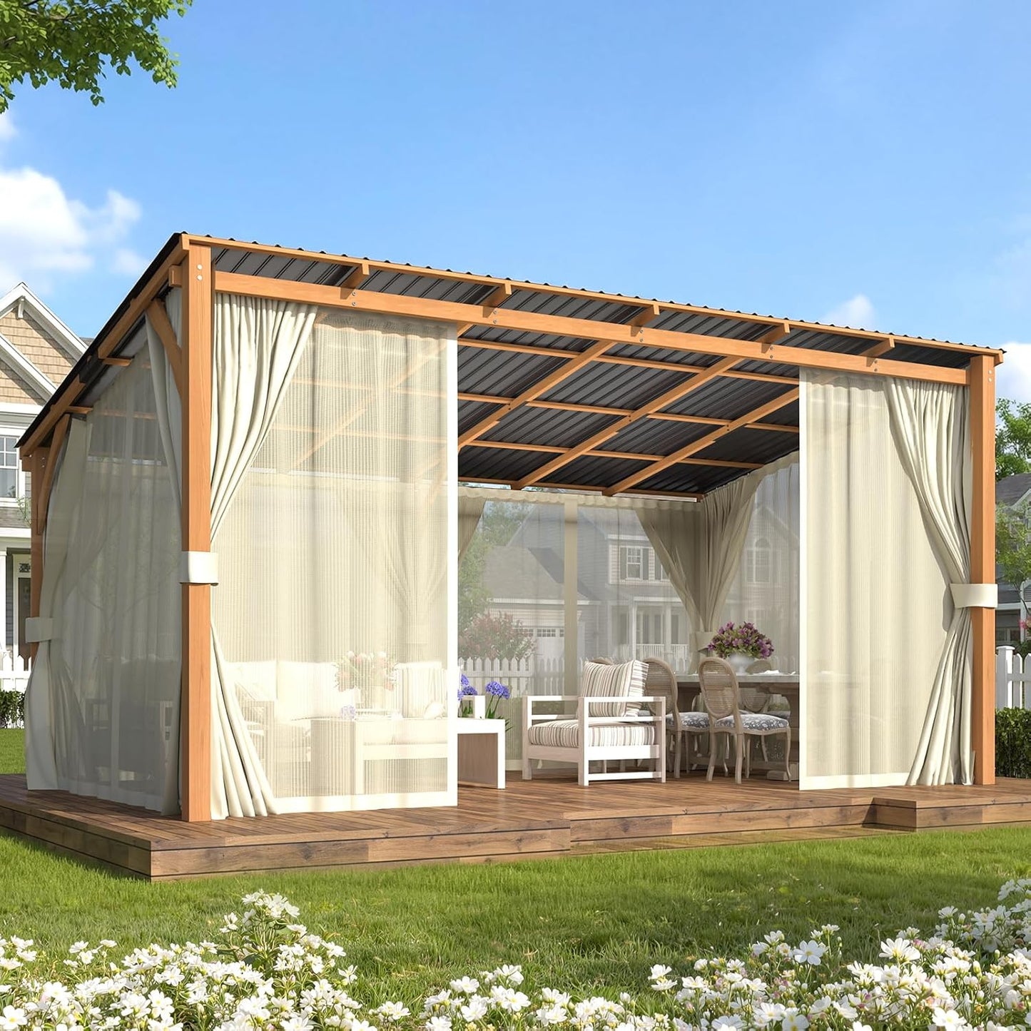 YODOLLA 16' x 10' Wall-Mounted Outdoor Wood Pergola, Hardtop Cedar Patio Pergola with Curtains and Netting for Deck or Backyard