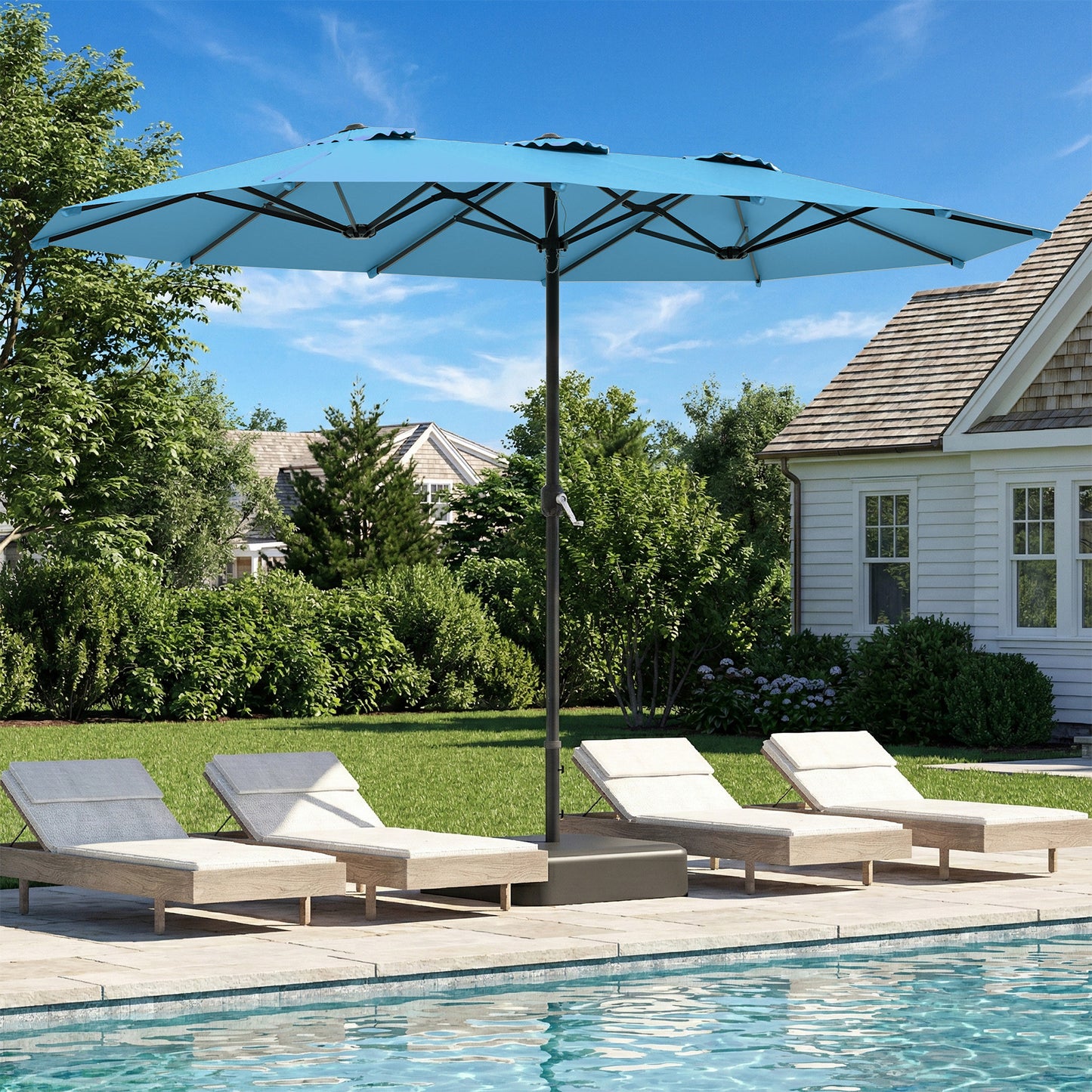 YODOLLA 15 x 9 ft Patio Umbrella with Base, Double-Sided Rectangular Market Umbrella with Crank Handle, 1.9" Pole,Blue
