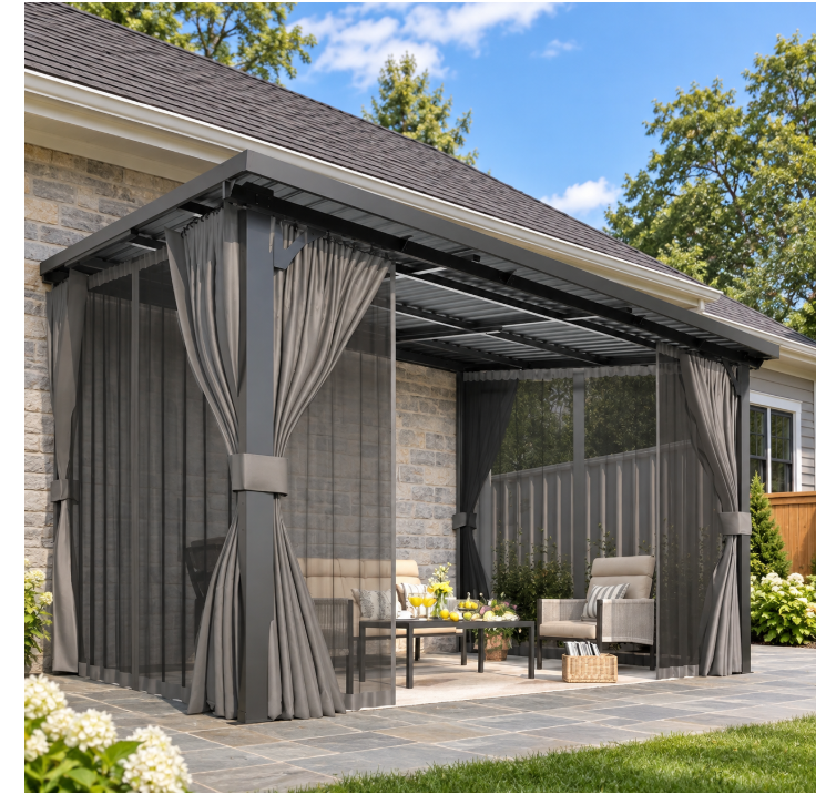 YODOLLA 12x10ft Wall-Mounted Hardtop Gazebo with Curtains and Netting, Heavy Duty Outdoor Pergola for Patio and Deck