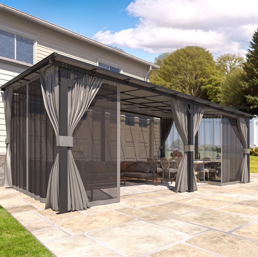 YODOLLA 20' x 12' Hardtop Gazebo Outdoor Wall-Mounted Lean to Gazebo with Netting and Curtain Aluminum Metal Pergola For Garden, Patio, Backyard-Dark Gray