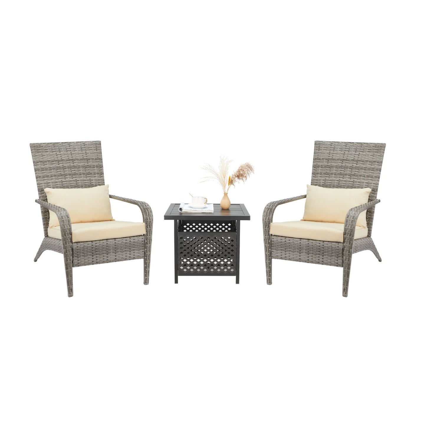 AECOJOY Patio Chairs Sets of 3 with Coffee Table, High Back Wicker Outdoor Dining Chairs with Cushion and Pillow in Gray