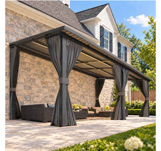 YODOLLA 20x12ft Wall-Mounted Hardtop Gazebo with Curtains and Netting, Heavy Duty Outdoor Pergola for Patio and Deck