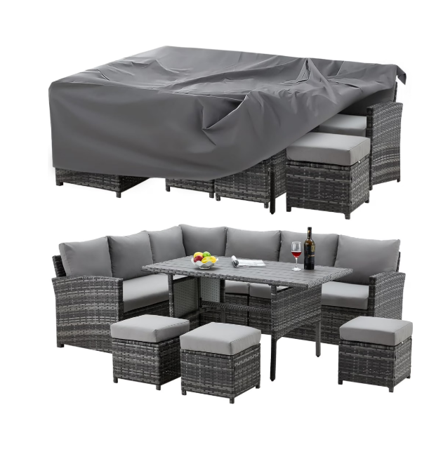 YODOLLA 7-Piece Patio Funiture Set w/ Weatherproof Protection Cover, Outdoor Sectional Sofa Couch with Dining Table, Patio Conversation Set in Gray Rattan& Gray Cushions