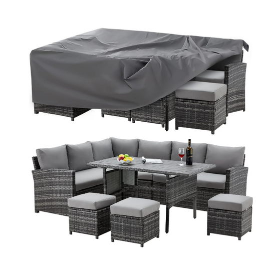 YODOLLA 7-Piece Patio Funiture Set w/ Weatherproof Protection Cover, Outdoor Sectional Sofa Couch with Dining Table, Patio Conversation Set in Gray Rattan& Gray Cushions