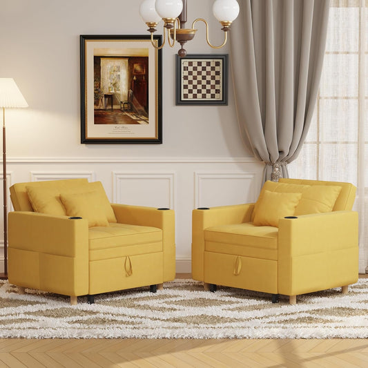 YODOLLA Sleeper Chair, 38" Extra-Wide 3-in-1 Convertible Pull-Out Single Sofa with Adjustable Backrest and Cup Holder, Yellow（One Set）