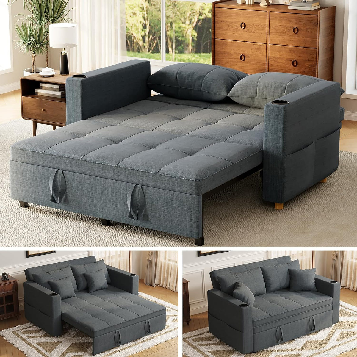AECOJOY 63" Convertible Loveseat Sofa Bed – 3-in-1 Pull Out Couch in Dark Gray, for Living Room and Bedroom Use