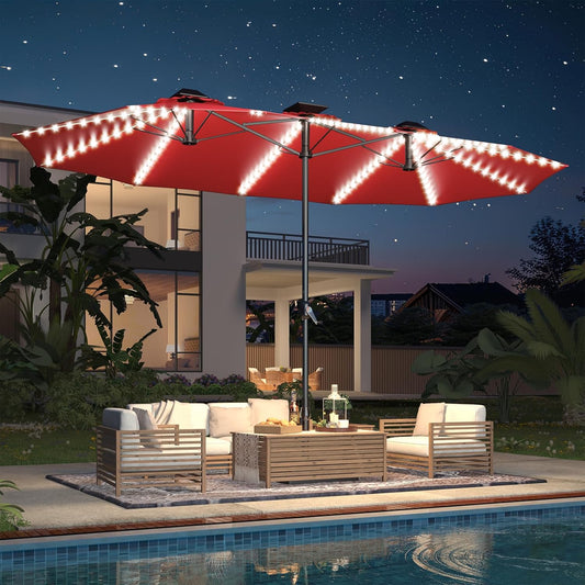 AECOJOY 15ft Patio Umbrella with Solar Lights, Large Double Umbrella Outdoor Patio, Rectangle TableUmbrella with 156 PCS LED Lights and Crank Handle for Backyard Deck Pool Shade in Red