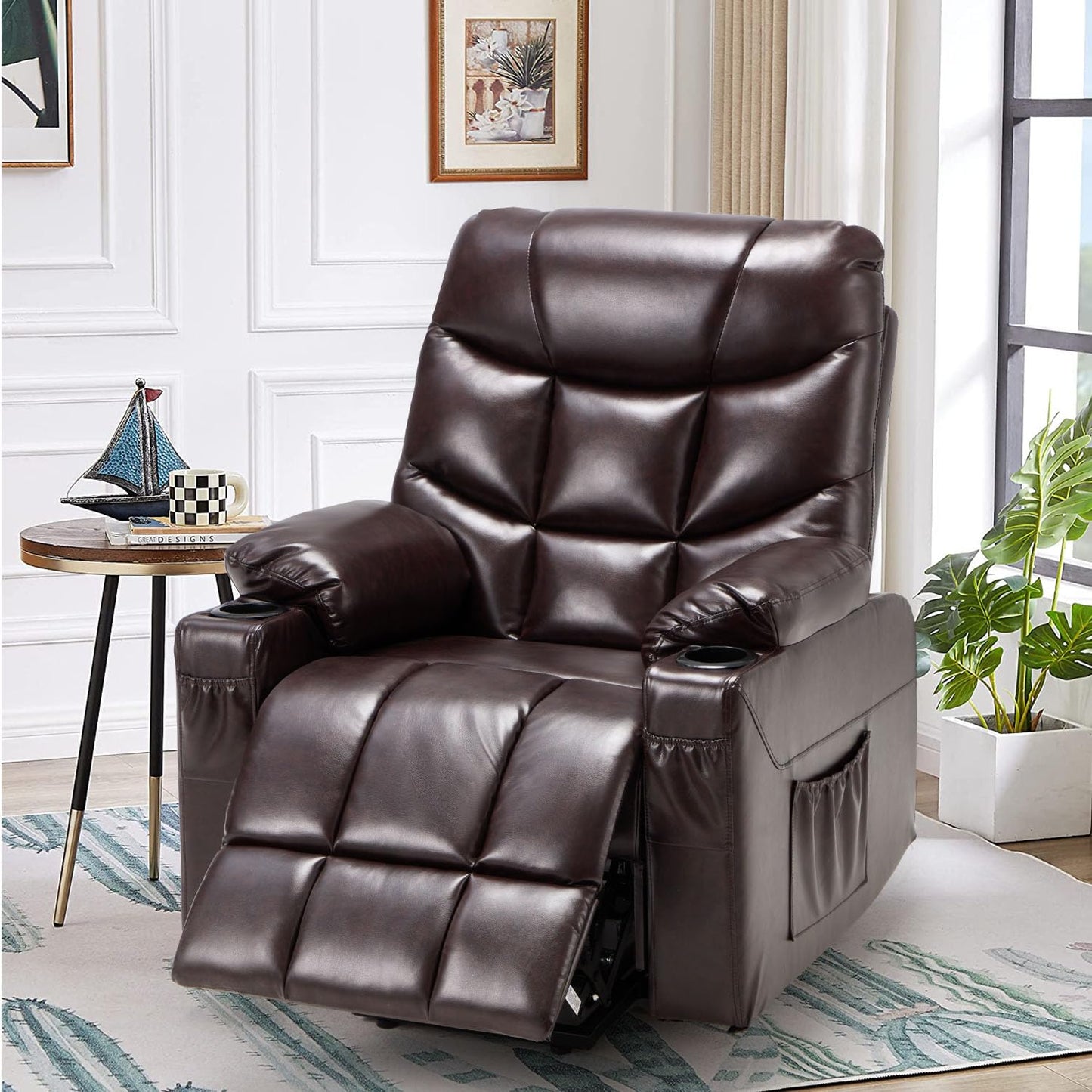 YODOLLA Large Power Lift Recliner for Elderly Heavy Duty Faux Leather Electric Lift Chair with Heated Vibration Massage in Brown