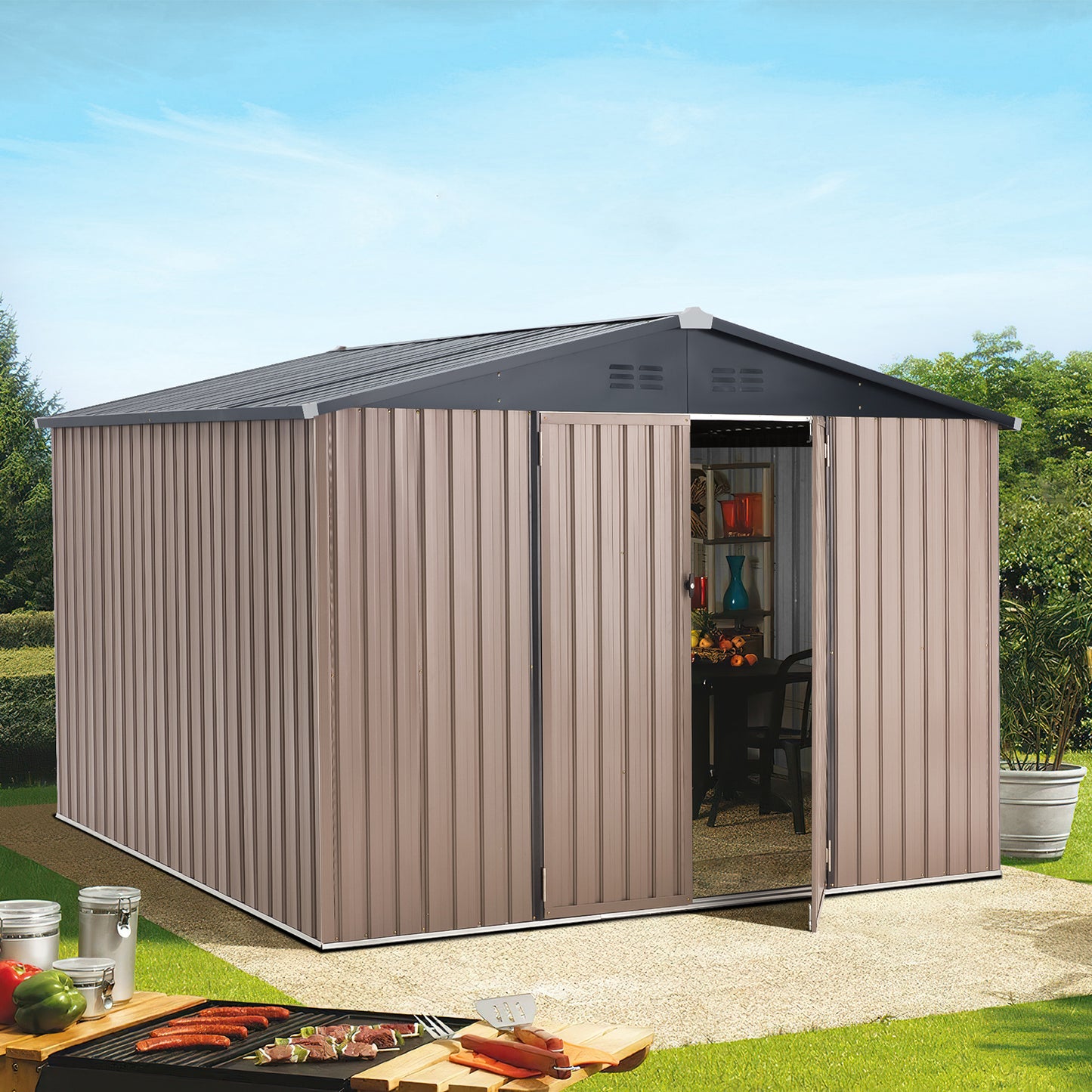 AECOJOY 10' x 8' Outdoor Storage Shed with Lockable Door Patio Metal Garden Storage Building in Brown for Outside