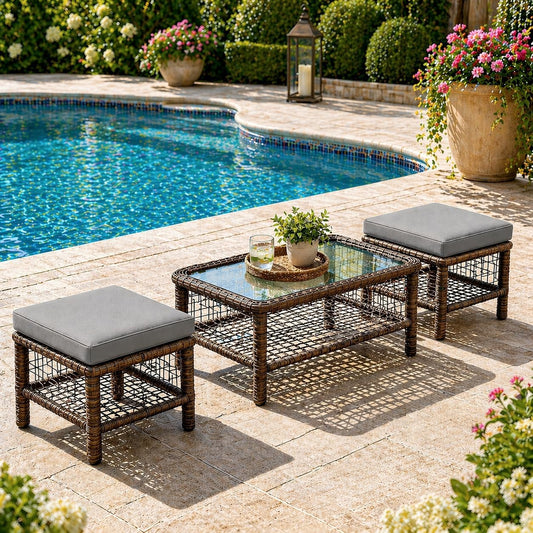 YODOLLA Dark Grey Wicker Outdoor Conversation Set, 3 Pieces with 2 Ottomans & Central Table