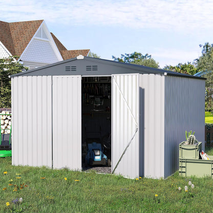 AECOJOY 10' x 10' Outdoor Storage Shed with Lockable Door Patio Metal Garden Storage Building in White for Outside