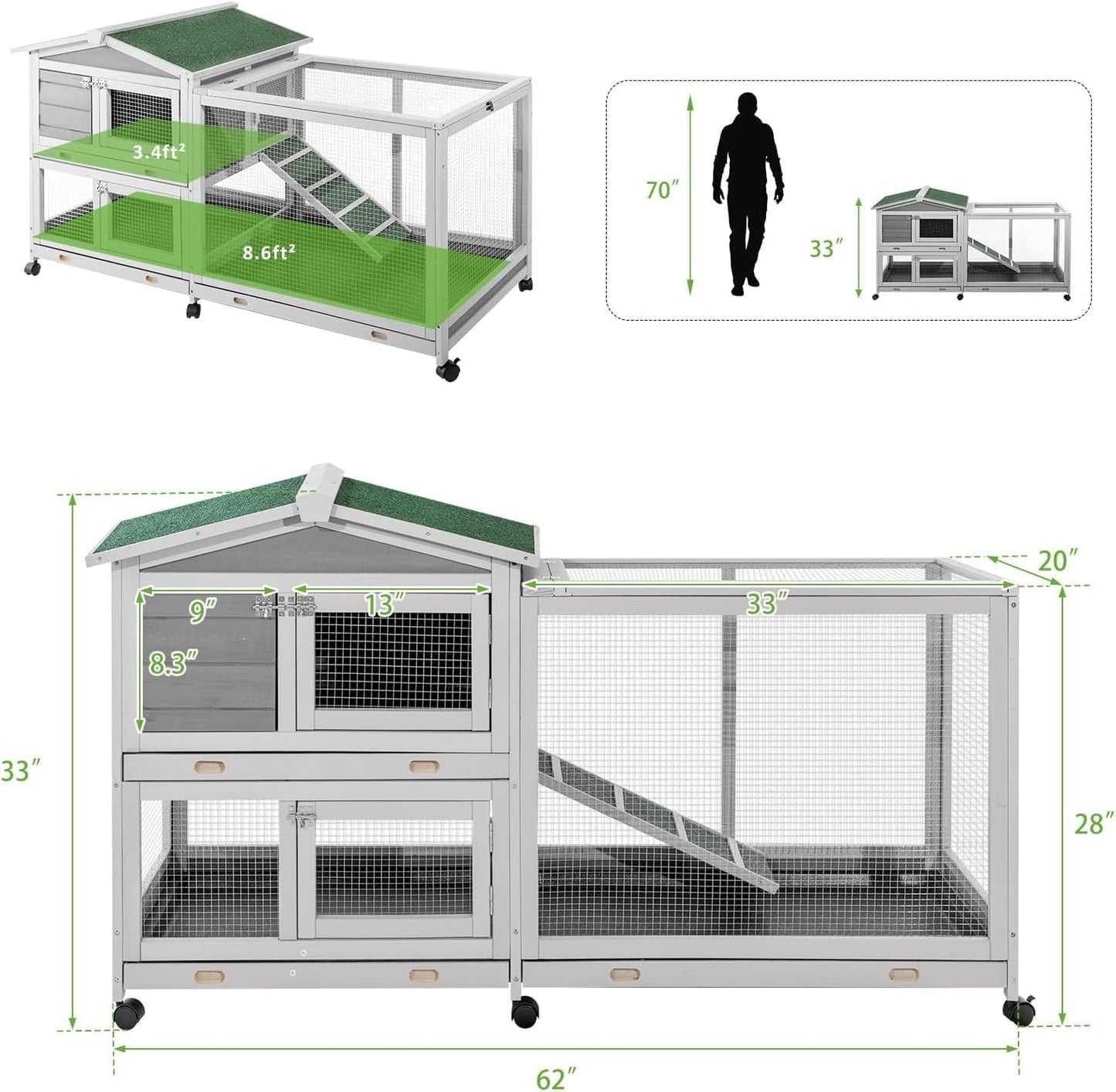 AECOJOY 61.5" Outdoor Wooden Rabbit Hutch, Two-Story Bunny Cage with Wheels, No-Leak Tray and Anti-Slip Ramp