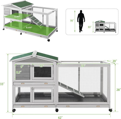 AECOJOY 61.5" Outdoor Wooden Rabbit Hutch, Two-Story Bunny Cage with Wheels, No-Leak Tray and Anti-Slip Ramp